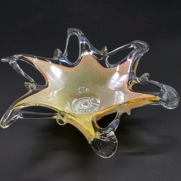Art Glass Stretch Orange Yellow Clear Bowl Vintage - Picture 1 of 6